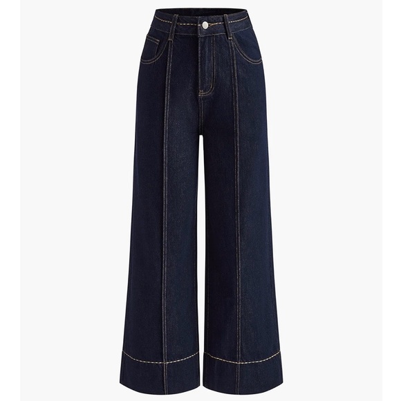 Commense Wide Leg Contrast Stitching High Rise Dark Wash Blue Denim Jeans XS - Picture 2 of 8